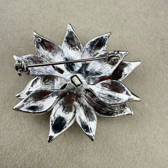 Red & Silver-Tone Poinsettia Brooch With Enamel Petals & Rhinestone Accents - Picture 3 of 4